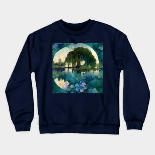 Beautiful Willow Tree Monet Impressionism Style Painting Full Moon Crewneck Sweatshirt